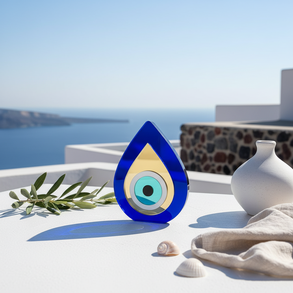 Plexiglass teardrop evil eye decor Milos on white terrace with Aegean sea background.