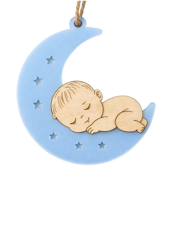 Φεγγαράκι με μωρό από γαλάζιο plexiglass και ξύλο σημύδα για μπομπονιέρα βάπτισης So Cute Cut