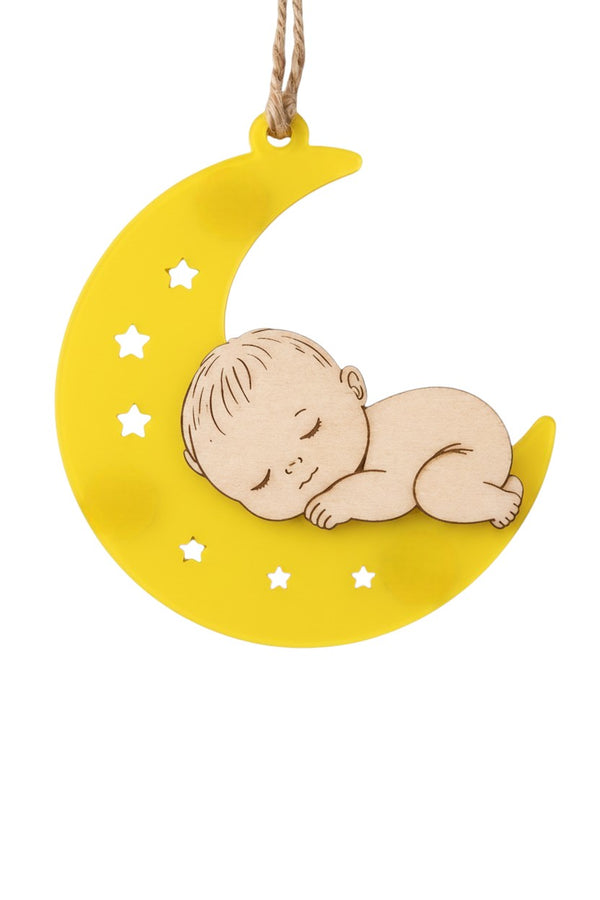 Φεγγαράκι με μωρό από κιτρινο plexiglass και ξύλο σημύδα για μπομπονιέρα βάπτισης So Cute Cut