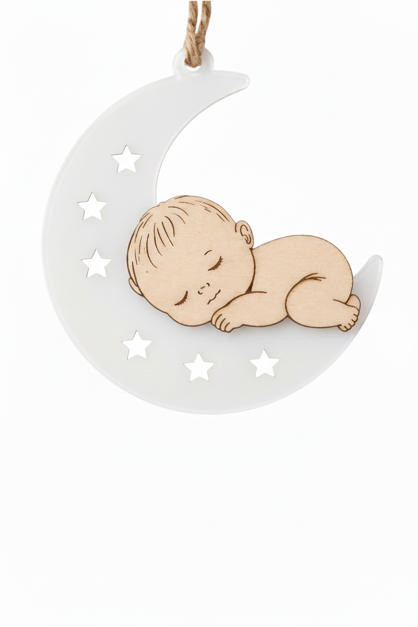 Φεγγαράκι με μωρό από λευκό plexiglass και ξύλο σημύδα για μπομπονιέρες βάπτισης So Cute Cut