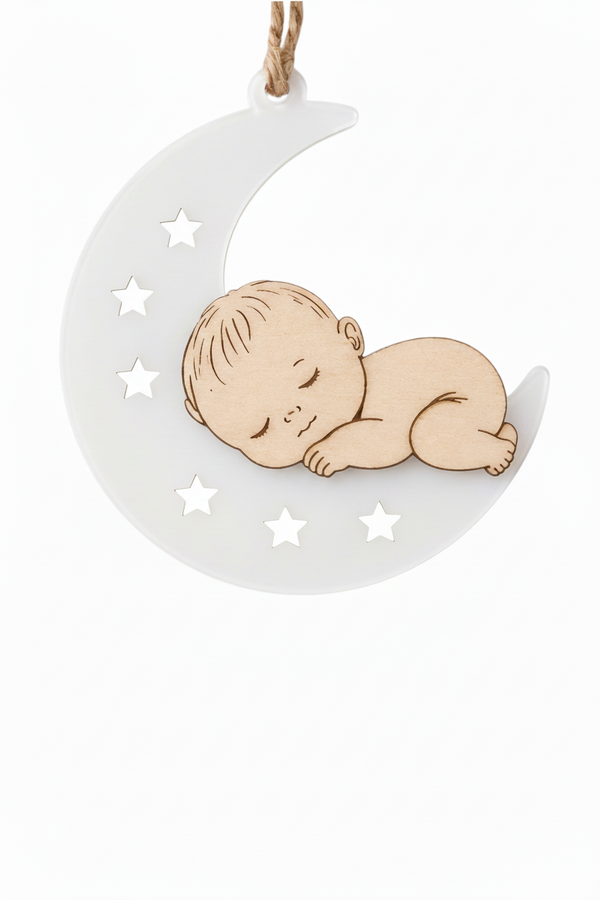 Φεγγαράκι με μωρό από λευκό plexiglass και ξύλο σημύδα για μπομπονιέρες βάπτισης So Cute Cut