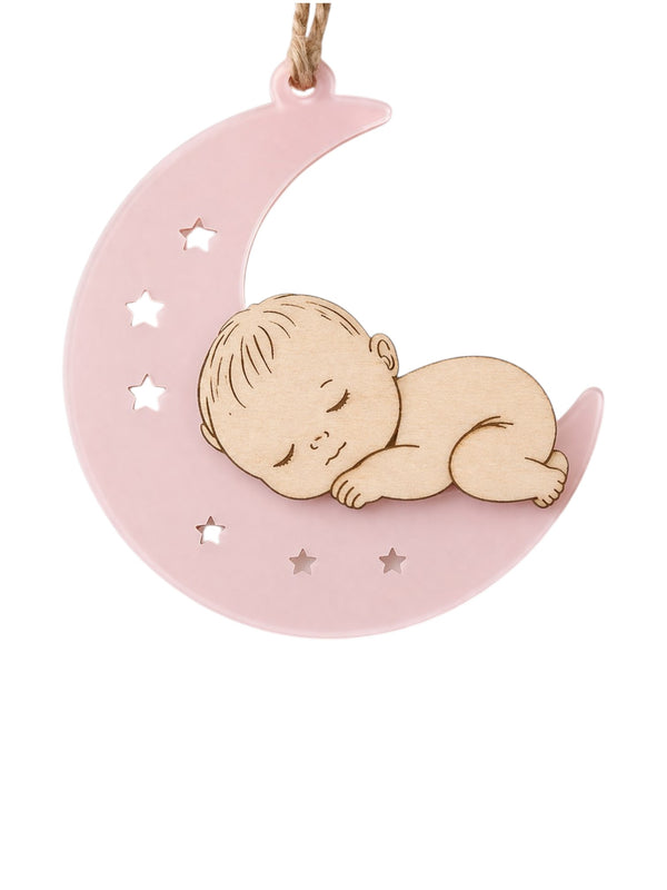 Φεγγαράκι με μωρό από ροζ plexiglass και ξύλο σημύδα για μπομπονιέρες βάπτισης So Cute Cut