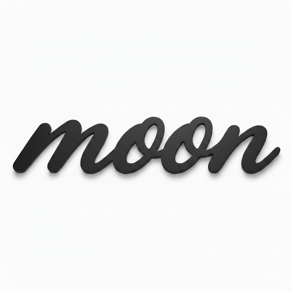 Διακοσμητική επιγραφή Moon σε script γραμματοσειρά από πλεξιγκλάς, MDF ή καθρέφτη σε λευκό φόντο για παιδική διακόσμηση, βάπτιση και DIY δημιουργίες.