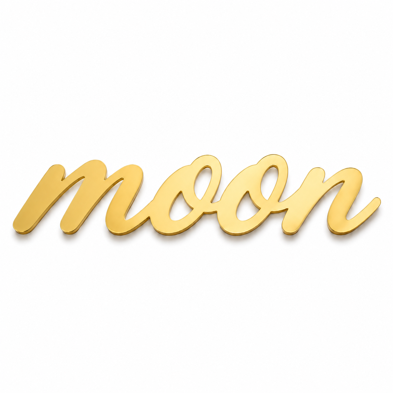 Διακοσμητική επιγραφή Moon σε script γραμματοσειρά από πλεξιγκλάς, MDF ή καθρέφτη σε λευκό φόντο για παιδική διακόσμηση, βάπτιση και DIY δημιουργίες.