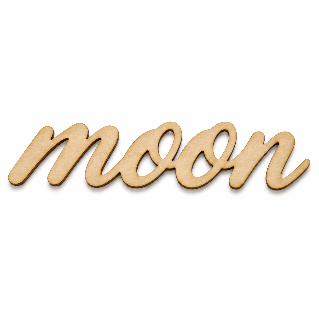 Διακοσμητική επιγραφή Moon σε script γραμματοσειρά από πλεξιγκλάς, MDF ή καθρέφτη σε λευκό φόντο για παιδική διακόσμηση, βάπτιση και DIY δημιουργίες.
