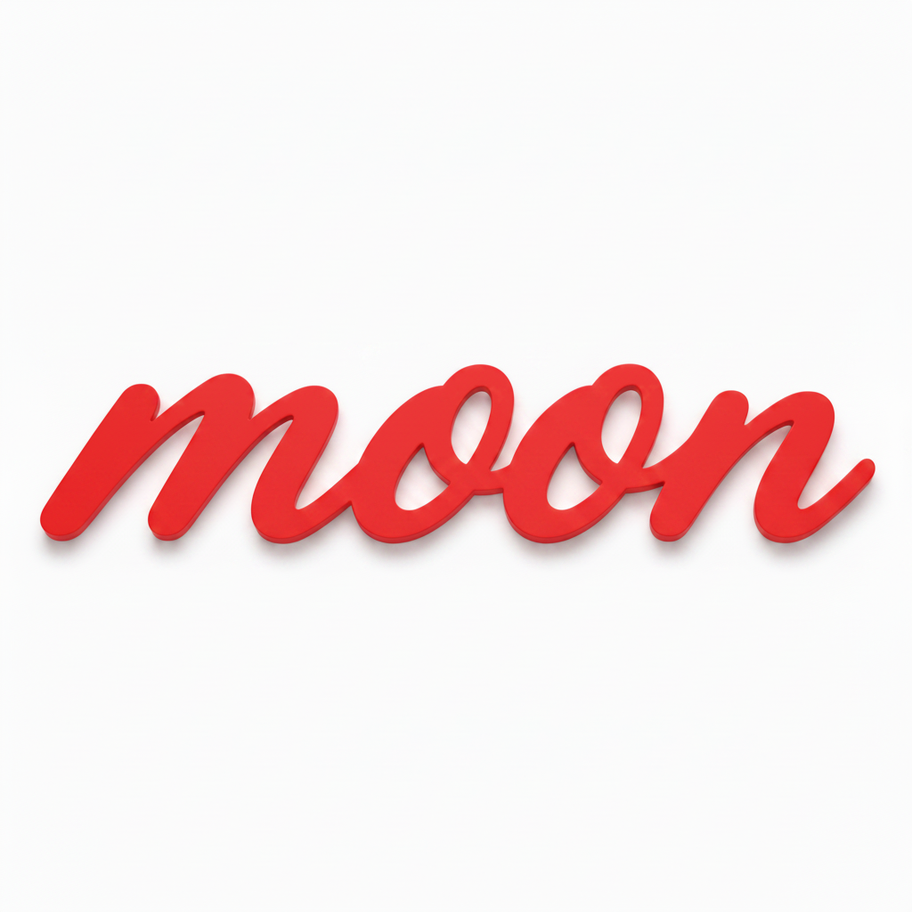 Διακοσμητική επιγραφή Moon σε script γραμματοσειρά από πλεξιγκλάς, MDF ή καθρέφτη σε λευκό φόντο για παιδική διακόσμηση, βάπτιση και DIY δημιουργίες.