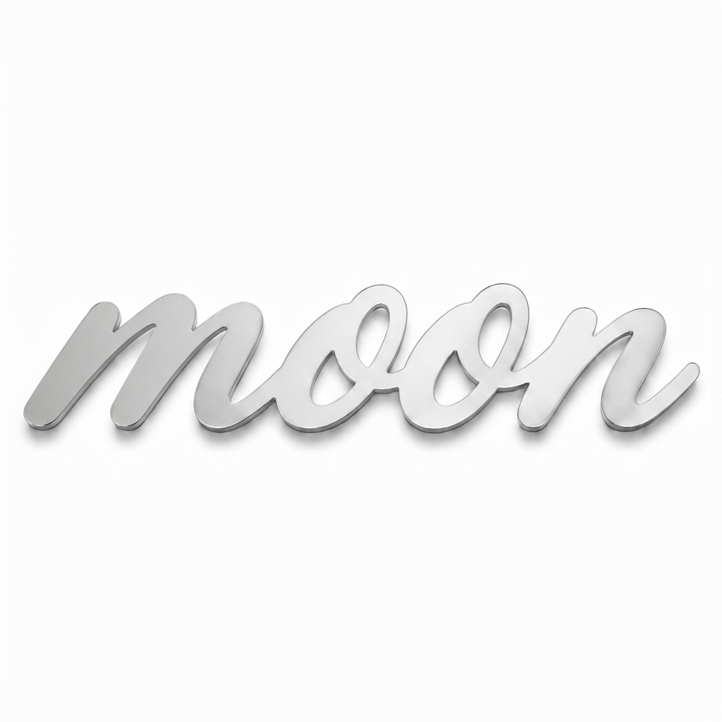 Διακοσμητική επιγραφή Moon σε script γραμματοσειρά από πλεξιγκλάς, MDF ή καθρέφτη σε λευκό φόντο για παιδική διακόσμηση, βάπτιση και DIY δημιουργίες.
