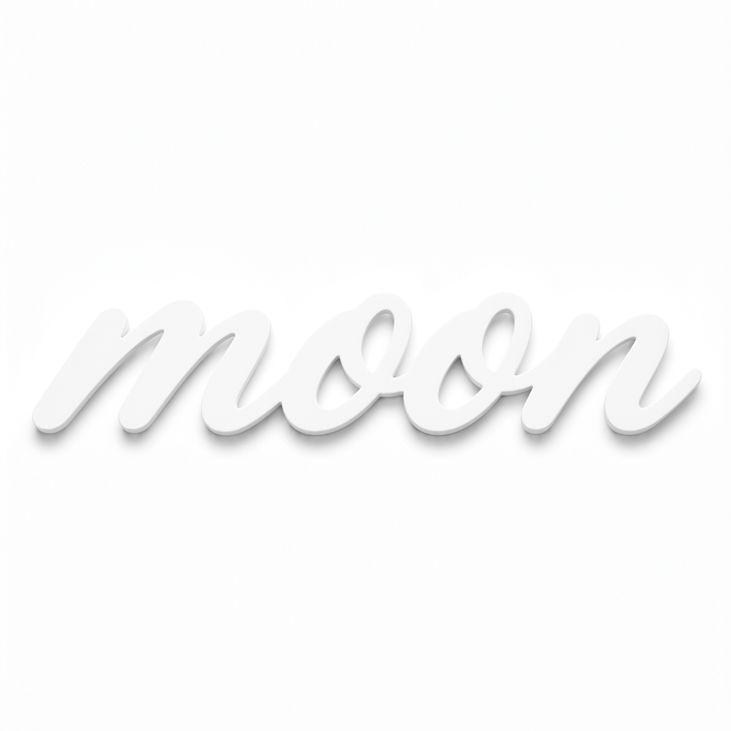 Διακοσμητική επιγραφή Moon σε script γραμματοσειρά από πλεξιγκλάς, MDF ή καθρέφτη σε λευκό φόντο για παιδική διακόσμηση, βάπτιση και DIY δημιουργίες.