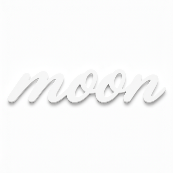 Διακοσμητική επιγραφή Moon σε script γραμματοσειρά από πλεξιγκλάς, MDF ή καθρέφτη σε λευκό φόντο για παιδική διακόσμηση, βάπτιση και DIY δημιουργίες.