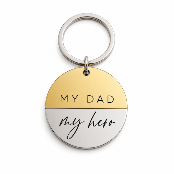 Μπρελόκ My Dad My Hero από χρυσό και ασημί καθρέφτη plexiglass με premium color block σχεδιασμό