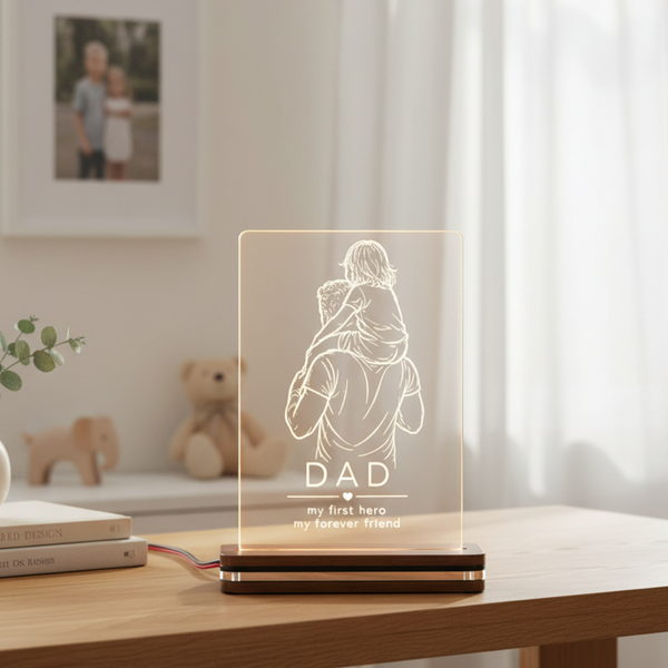 Φωτιστικό LED plexiglass με πατέρα και παιδί στους ώμους και χάραξη My First Hero My Forever Friend