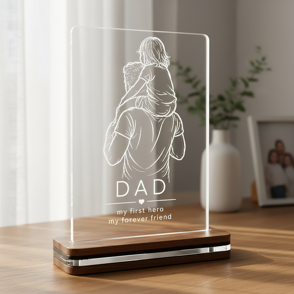 Φωτιστικό LED plexiglass με πατέρα και παιδί στους ώμους και χάραξη My First Hero My Forever Friend