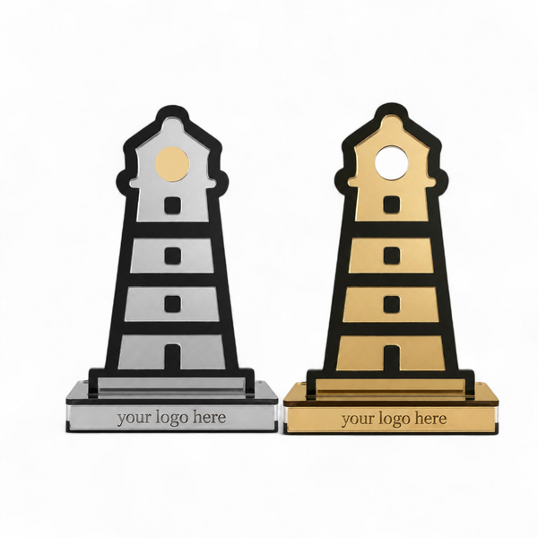Nautical Lighthouse εταιρικοί διακοσμητικοί φάροι σε χρυσό και ασημί πλεξιγκλάς καθρέφτη, με μαύρο ακρυλικό και χάραξη λογοτύπου στη βάση – So Cute Cut