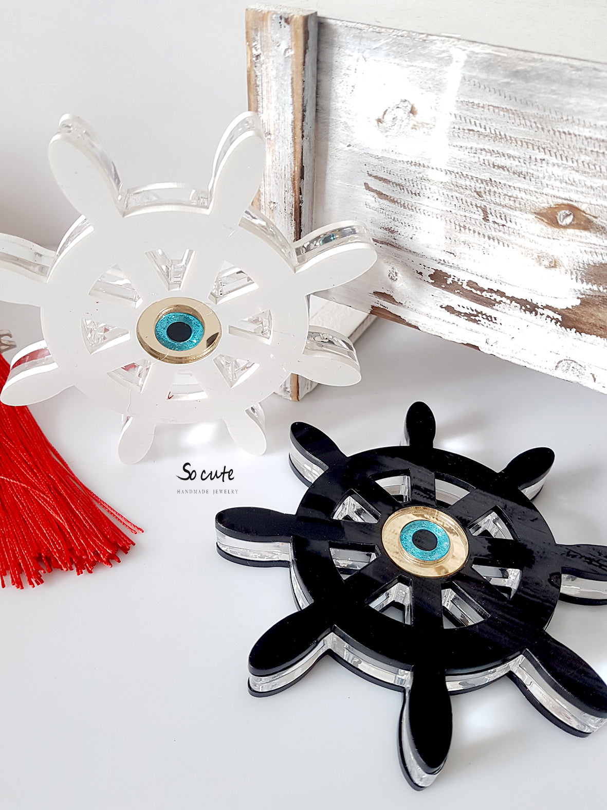 Ναυτικό γούρι τιμόνι από πλεξιγκλάς με μάτι καθρέφτη 11 εκ επιτραπέζιο διακοσμητικό, So Cute Cut