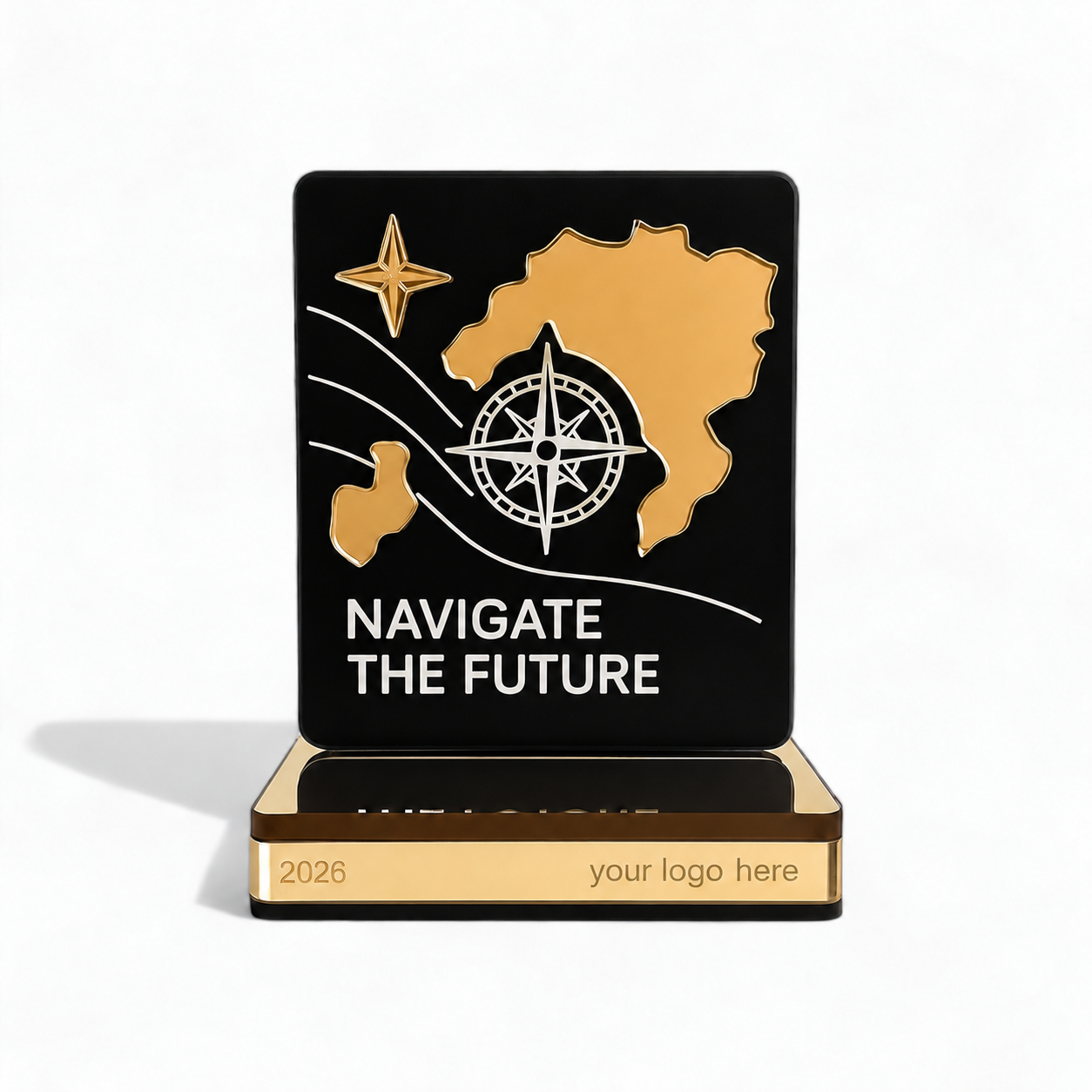 Εταιρικό γούρι χάρτης NAVIGATE σε μαύρο με χρυσό καθρέφτη, πυξίδα, μήνυμα Navigate the Future και ενδεικτική χάραξη λογοτύπου στη βάση – So Cute Cut.