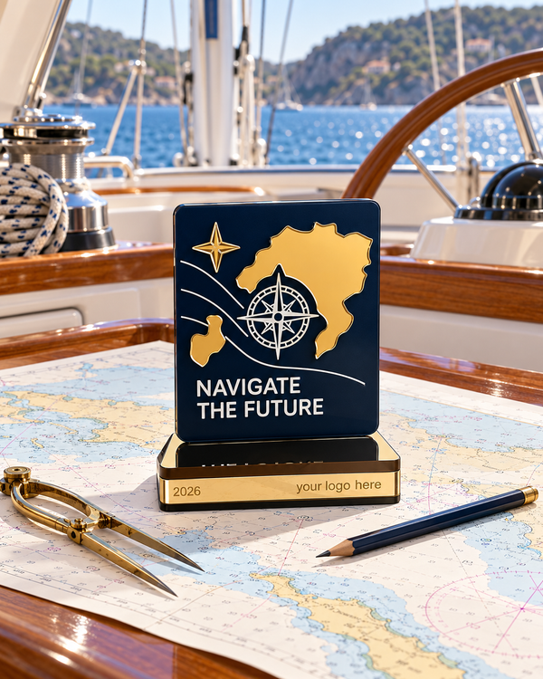 Εταιρικό γούρι χάρτης NAVIGATE σε navy και χρυσό καθρέφτη, με πυξίδα και ενδεικτική χάραξη λογοτύπου στη βάση, πάνω σε ναυτικούς χάρτες στο κόκπιτ ιστιοπλοϊκού με φόντο τη θάλασσα – So Cute Cut.