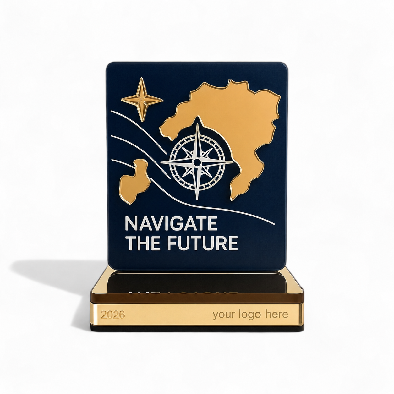 Εταιρικό γούρι χάρτης NAVIGATE σε navy με χρυσό καθρέφτη, πυξίδα, μήνυμα Navigate the Future και ενδεικτική χάραξη λογοτύπου στη βάση – So Cute Cut.