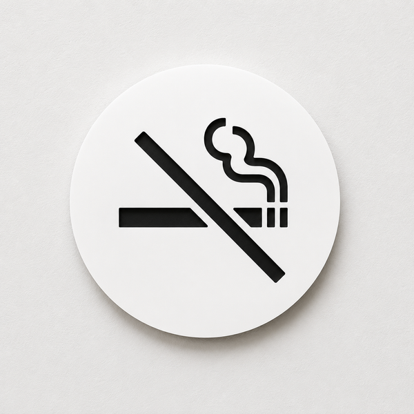 Round engraved No Smoking symbol sign made from two-layer acrylic by So Cute Cut