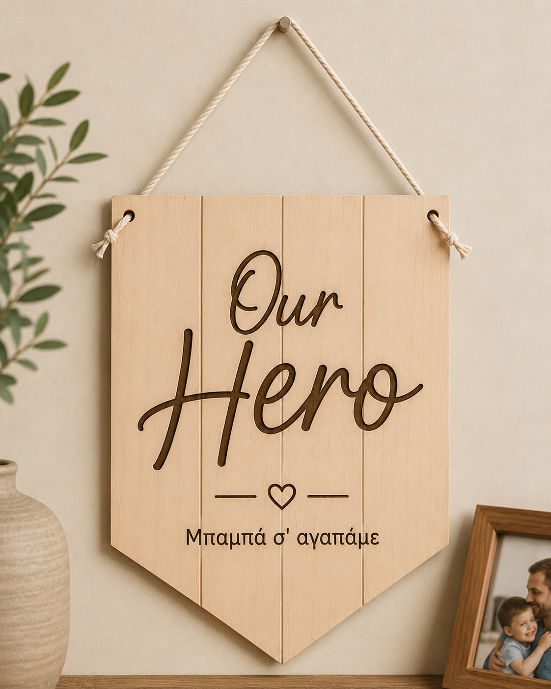 Ξύλινο προσωποποιημένο διακοσμητικό Our Hero για τον μπαμπά με χάραξη αφιέρωσης.