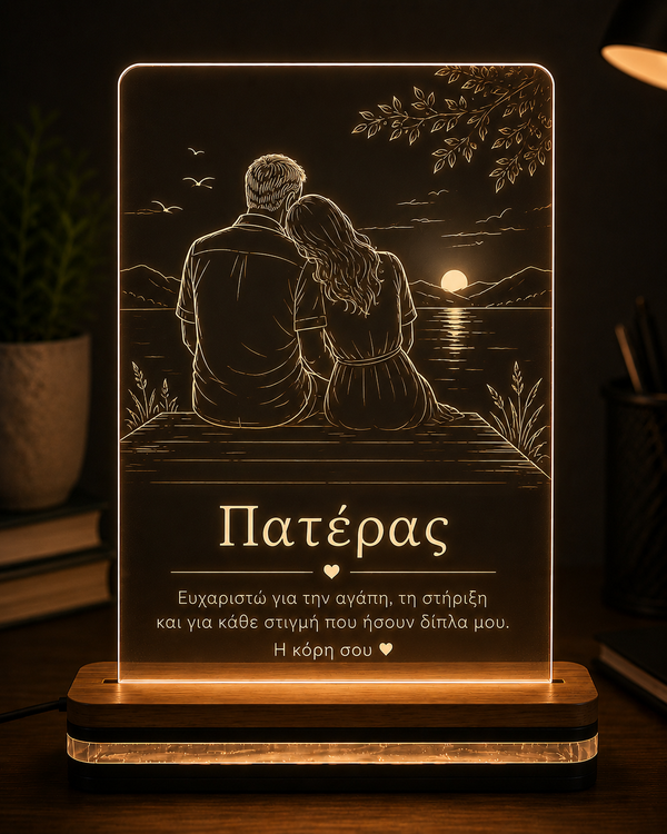 Φωτιστικό LED plexiglass με πατέρα και ενήλικη κόρη σε συγκινητική σκηνή δίπλα στη λίμνη