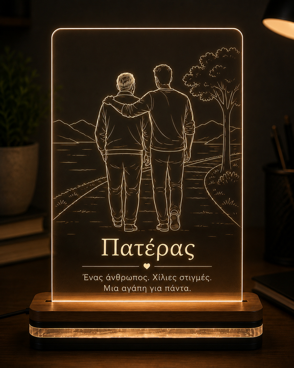 Φωτιστικό LED plexiglass με πατέρα και ενήλικο γιο σε συμβολική αγκαλιά και χάραξη Πατέρας