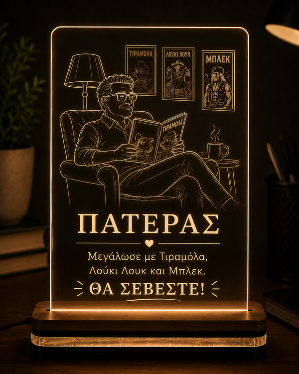 Φωτιστικό LED plexiglass Πατέρας με χιουμοριστική χάραξη «Μεγάλωσε με Τιραμόλα, Λούκι Λουκ και Μπλεκ. Θα σέβεστε!»