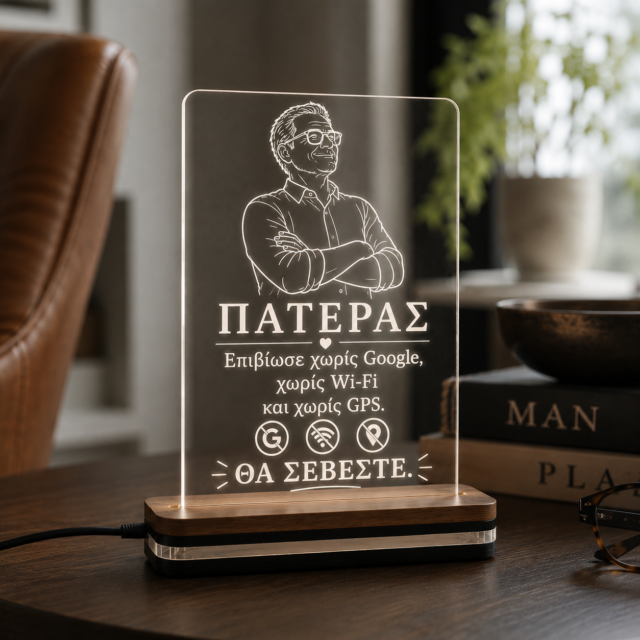 Φωτιστικό LED plexiglass Πατέρας με χιουμοριστική χάραξη «Επιβίωσε χωρίς Google, χωρίς Wi-Fi και χωρίς GPS. Θα σέβεστε.»