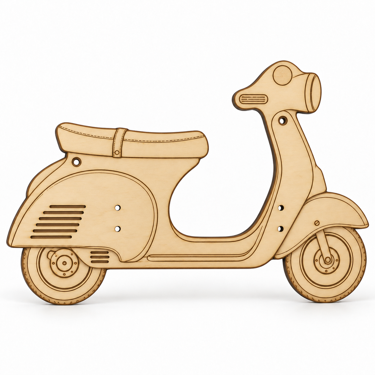 Πλάτη λαμπάδας MDF σημύδα σε σχήμα vintage scooter με συμπαγές περίγραμμα, χαραγμένες λεπτομέρειες, δύο κατακόρυφα ζεύγη οπών δεσίματος και δύο οπές ανάρτησης.