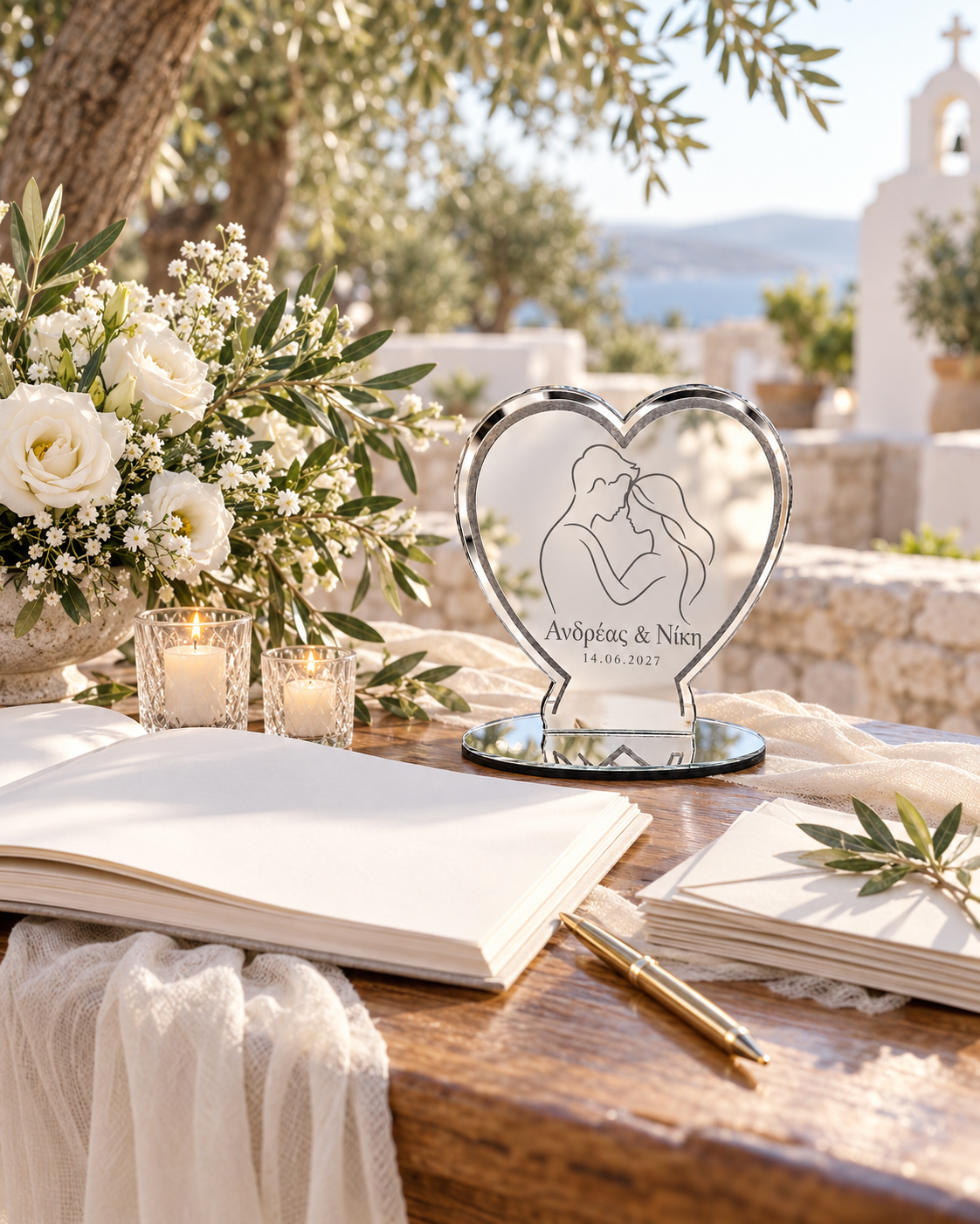 Προσωποποιημένη καρδιά γάμου από ασημί καθρέφτη plexiglass σε τραπέζι ευχών
