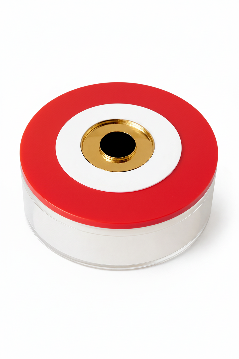 στρογγυλό κουτί πλεξιγκλάς με layered μάτι και διάφανο σώμα σε minimal σχεδιασμό