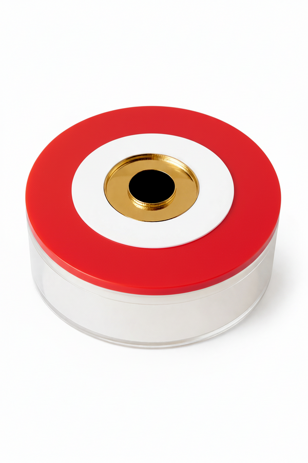 στρογγυλό κουτί πλεξιγκλάς με layered μάτι και διάφανο σώμα σε minimal σχεδιασμό