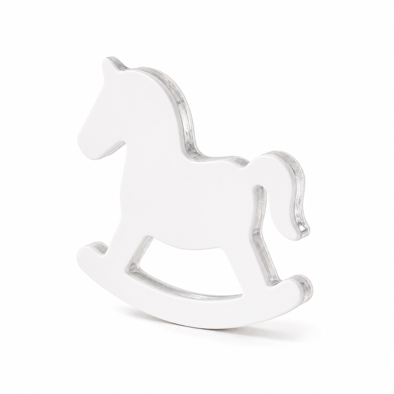 Minimal layered plexiglass rocking horse decor in white and transparent acrylic with optional evil eye detail in gold, pastel blue or baby pink by So Cute Cut