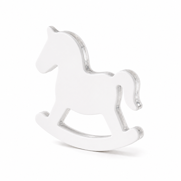 Minimal layered plexiglass rocking horse decor in white and transparent acrylic with optional evil eye detail in gold, pastel blue or baby pink by So Cute Cut