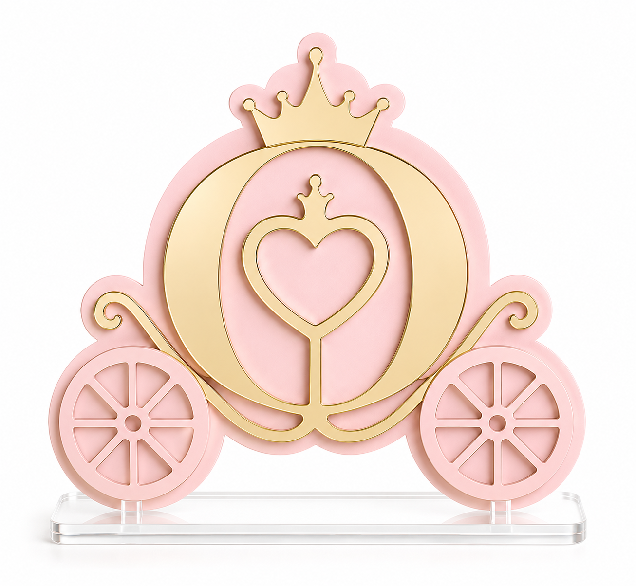 Royal Carriage διακοσμητικό βάπτισης από ροζ πλεξιγκλάς με χρυσό καθρέφτη και διάφανη βάση 10 εκ.
