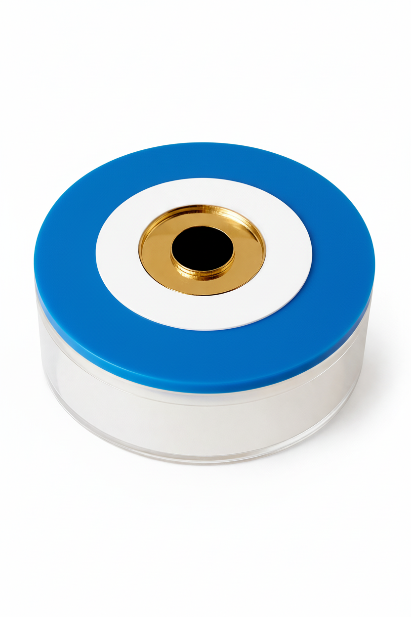 στρογγυλό κουτί πλεξιγκλάς με layered μάτι και διάφανο σώμα σε minimal σχεδιασμό