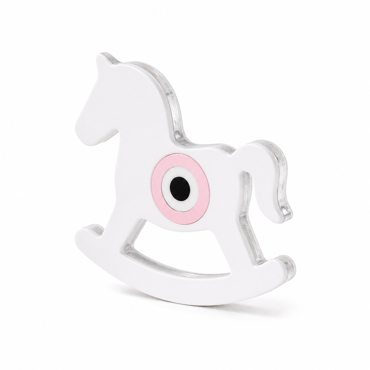 Minimal layered plexiglass rocking horse decor in white and transparent acrylic with optional evil eye detail in gold, pastel blue or baby pink by So Cute Cut