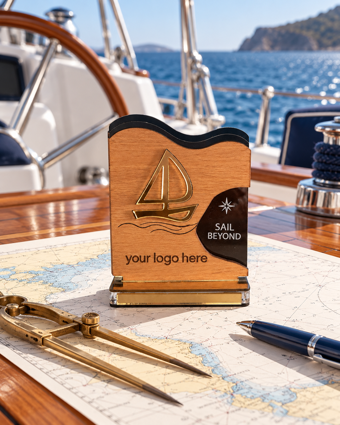 Ξύλινο εταιρικό γούρι SAIL BEYOND με χρυσό ιστιοπλοϊκό και ενδεικτική χάραξη λογοτύπου, πάνω σε ναυτικούς χάρτες στο κόκπιτ ιστιοπλοϊκού με φόντο τη θάλασσα – So Cute Cut.