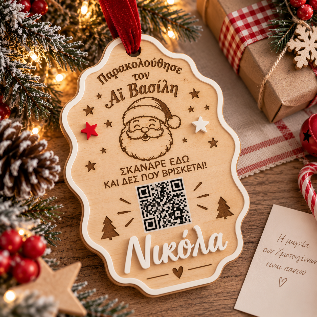 Santa Tracker προσωποποιημένο ξύλινο χριστουγεννιάτικο στολίδι με QR και όνομα