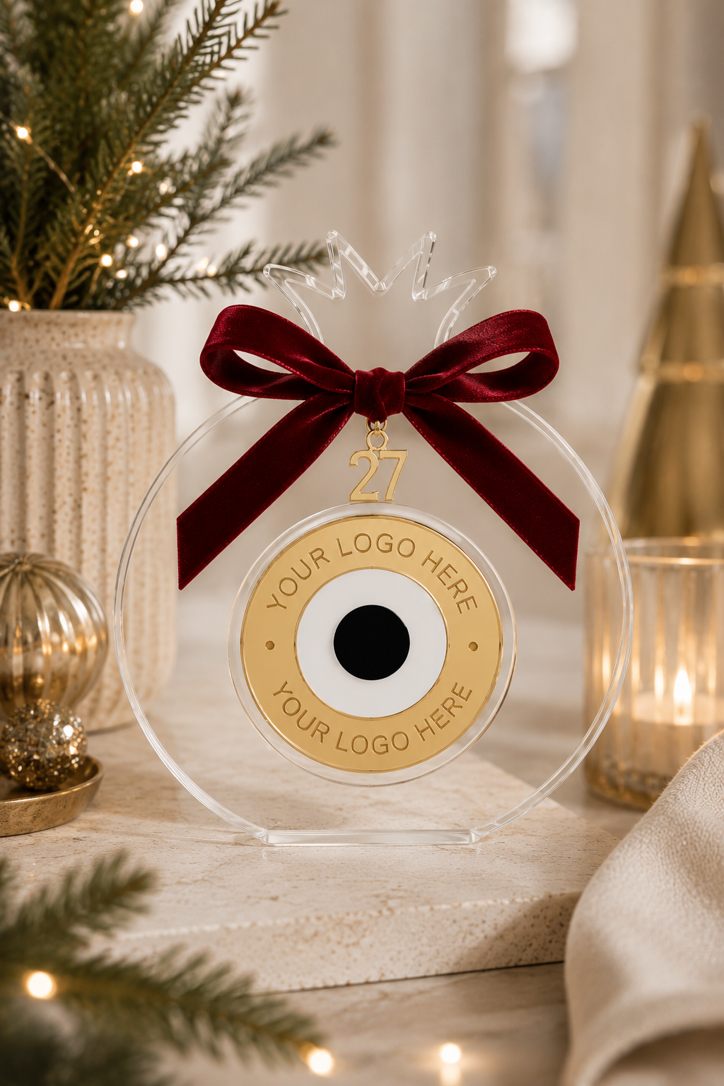 Signature Pomegranate corporate Christmas ornament with custom logo laser engraving on gold mirror acrylic, handmade in Greece by So Cute Cut.