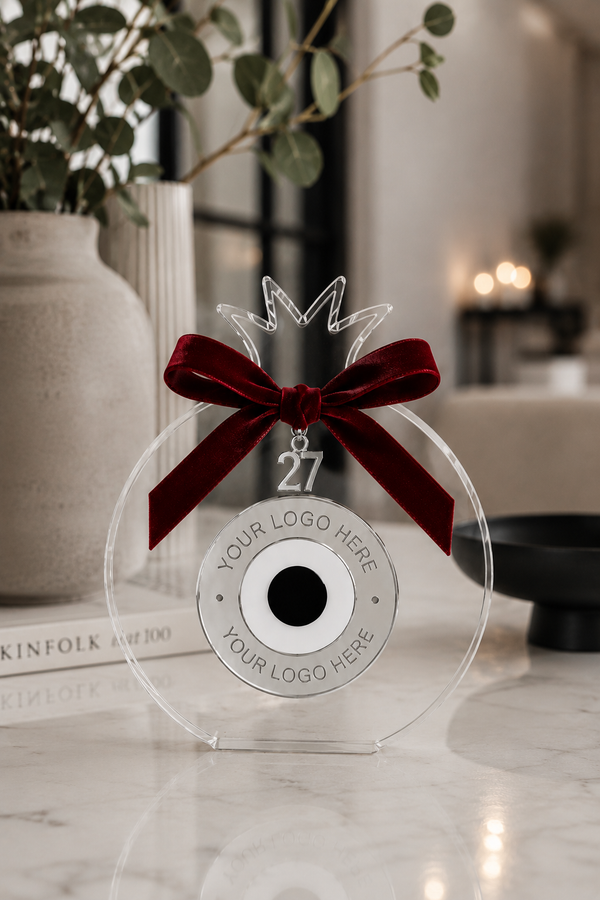 Signature Pomegranate corporate Christmas ornament with custom logo laser engraving on gold mirror acrylic, handmade in Greece by So Cute Cut.
