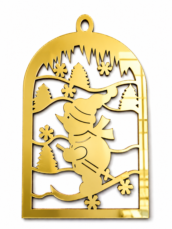 Snowman Winter Scene laser cut DIY Christmas ornament από So Cute Cut, χριστουγεννιάτικο διακοσμητικό στοιχείο με χιονάνθρωπο σε χειμωνιάτικο τοπίο για γούρια και DIY κατασκευές.