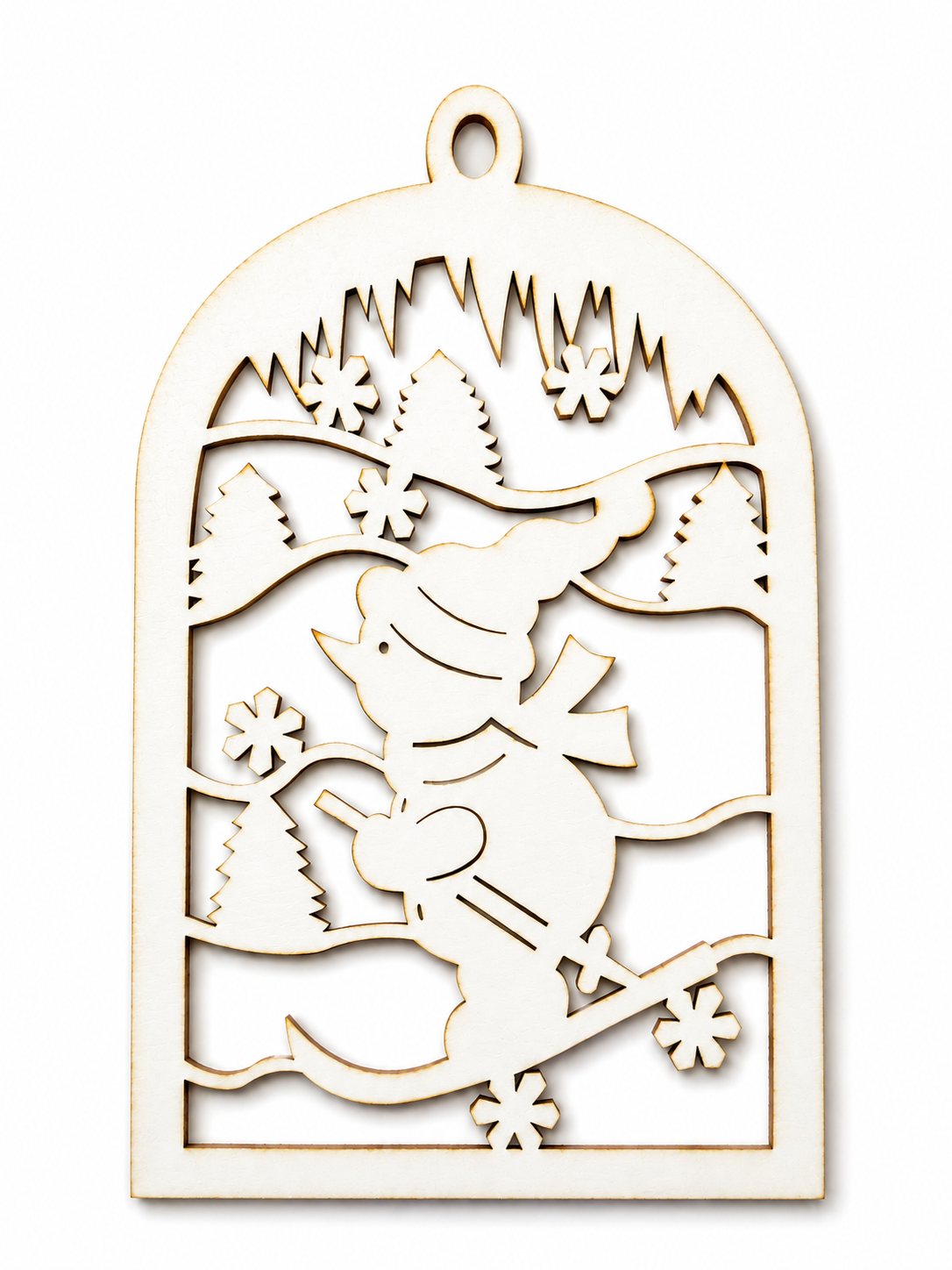 Snowman Winter Scene laser cut DIY Christmas ornament από So Cute Cut, χριστουγεννιάτικο διακοσμητικό στοιχείο με χιονάνθρωπο σε χειμωνιάτικο τοπίο για γούρια και DIY κατασκευές.