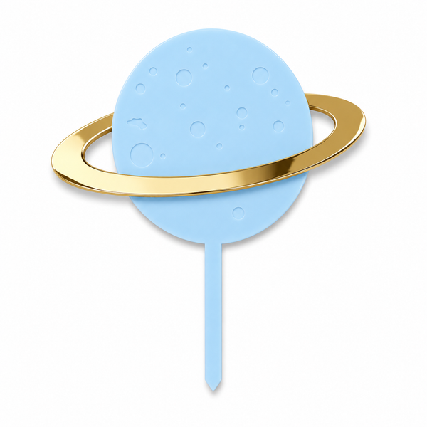 Cake Topper πλανήτης από πλεξιγκλάς με χρυσό καθρέφτη δαχτυλίδι, διαθέσιμο σε λευκό, baby blue και μπλε ναυτικό για βάπτιση, baby shower και θεματικά πάρτι διαστήματος | So Cute Cut.