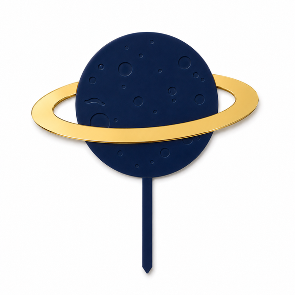 Cake Topper πλανήτης από πλεξιγκλάς με χρυσό καθρέφτη δαχτυλίδι, διαθέσιμο σε λευκό, baby blue και μπλε ναυτικό για βάπτιση, baby shower και θεματικά πάρτι διαστήματος | So Cute Cut.