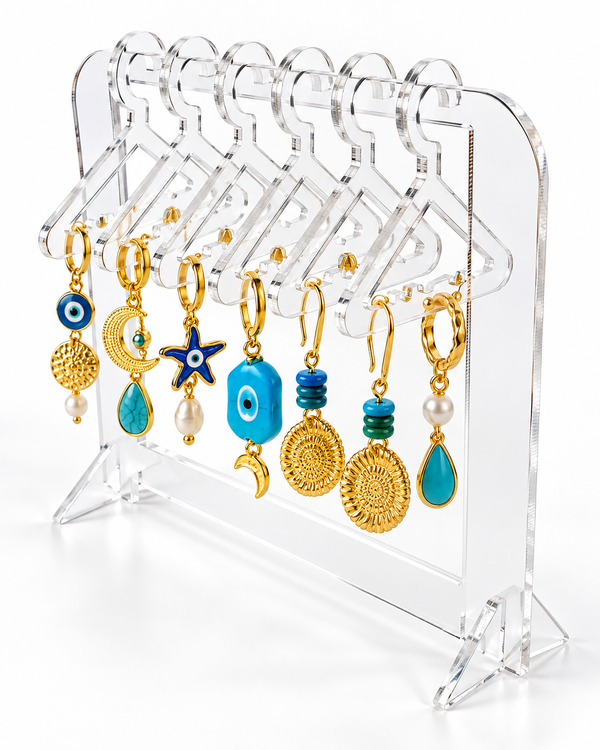 Σταντ προβολής κοσμημάτων από διάφανο plexiglass με μίνι κρεμάστρες και σκουλαρίκια – So Cute Cut