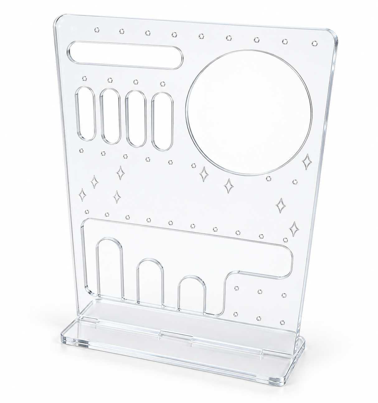 Διάφανο plexiglass σταντ κοσμημάτων με 38 τρύπες για σκουλαρίκια και 3 θήκες για δαχτυλίδια – So Cute Cut