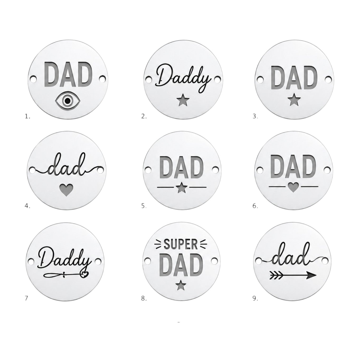 Στοιχεία βραχιολιού DAD και Daddy από ασημί καθρέφτη plexiglass με χάραξη laser για δώρα και λαμπάδες Γιορτής του Πατέρα