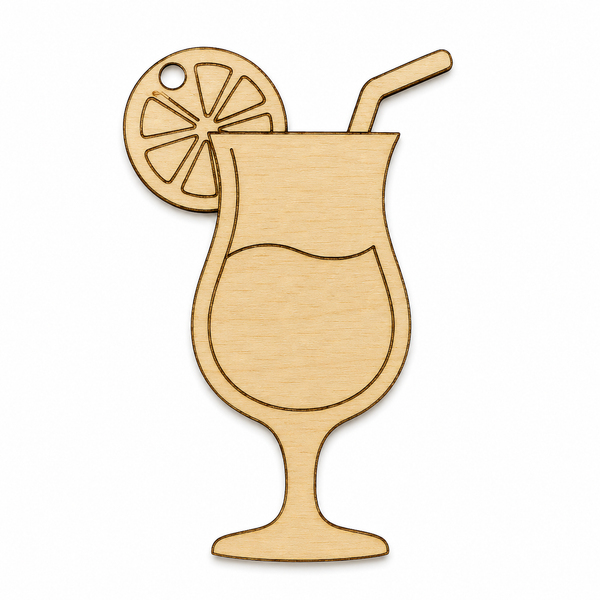 Laser cut μοτίφ καλοκαιρινό cocktail από MDF σημύδα με χάραξη, φέτα λεμονιού και καλαμάκι σε λευκό φόντο.
