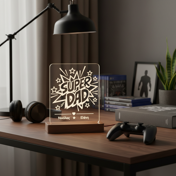 Φωτιστικό LED plexiglass Super Dad με χάραξη αμμοβολής και προσωποποίηση ονομάτων παιδιών