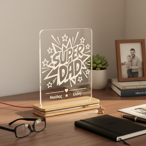 Φωτιστικό LED plexiglass Super Dad με χάραξη αμμοβολής και προσωποποίηση ονομάτων παιδιών